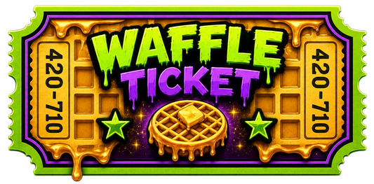 Waffle ticket design with waffle image and text on a transparent background