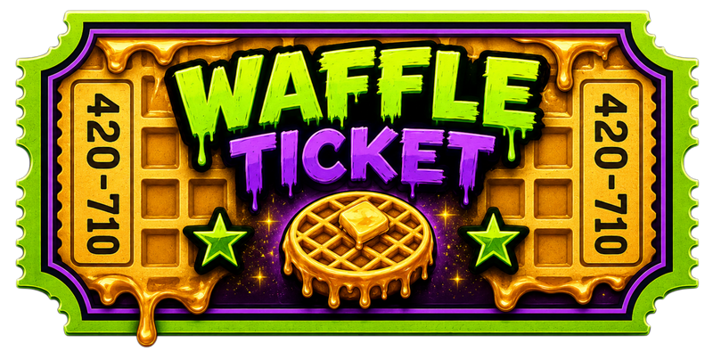 Waffle ticket design with waffle image and text on a transparent background